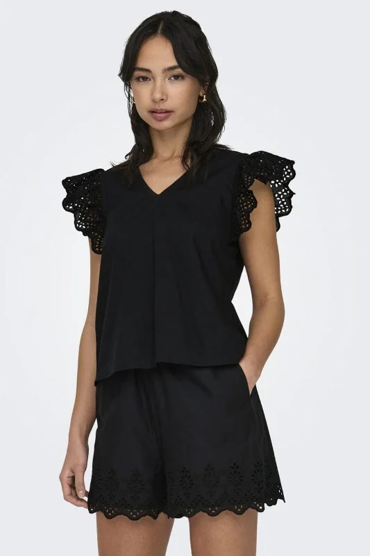 Only - Onllou Life Emb S/S Frill Top - 4415684 Black