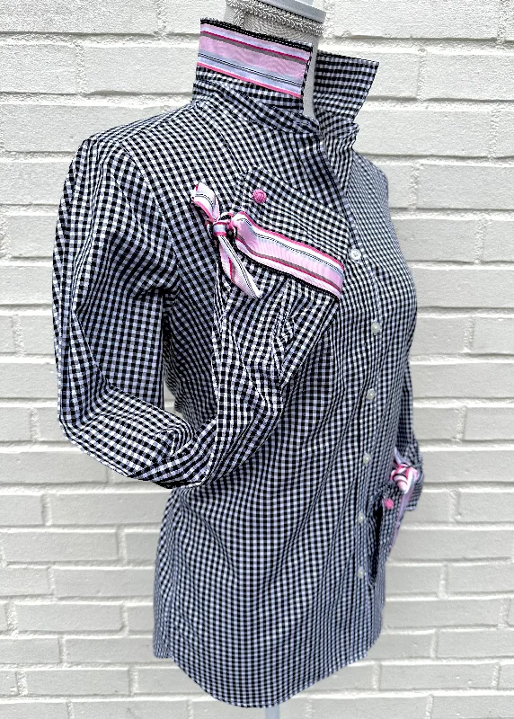 SALE - XS & 2XL ONLY - Audrey Black Gingham Ribbon French Cuff Shirt *FINAL SALE*