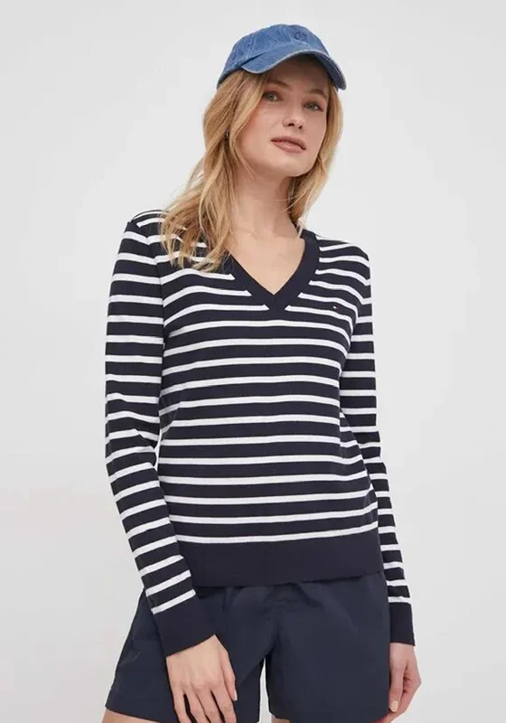 Tommy Hilfiger Womens V-Neck Jersey Stitch Sweater, Navy