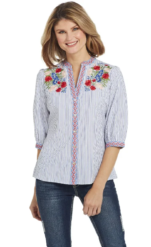 Cowgirl Up Womens White/Blue Cotton Blend Floral Blouson Blouse S/S