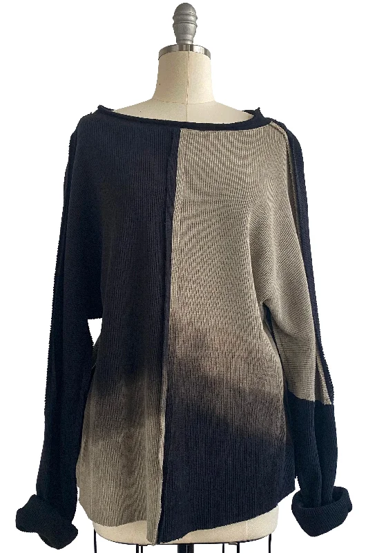 Portia Waffle Knit Top Long Sleeve  - Black & Natural