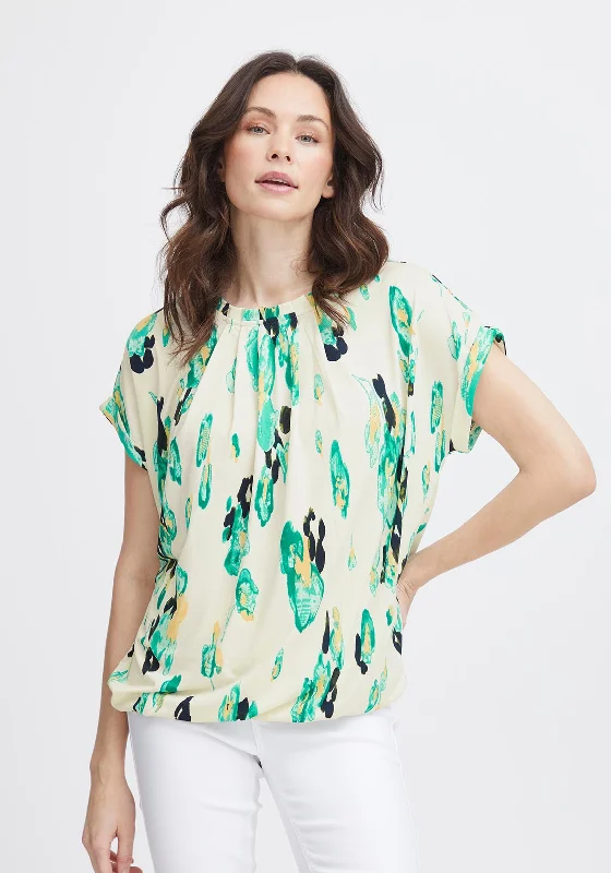 Fransa Seen Pleated Round Neck Print Top, Brook Green