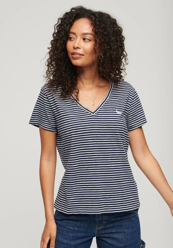 Superdry V-Neck Slub Embroidered T-Shirt, Optic Stripe