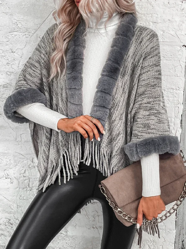 TastyHottie - Open Front Fringe Hem Faux Fur Poncho