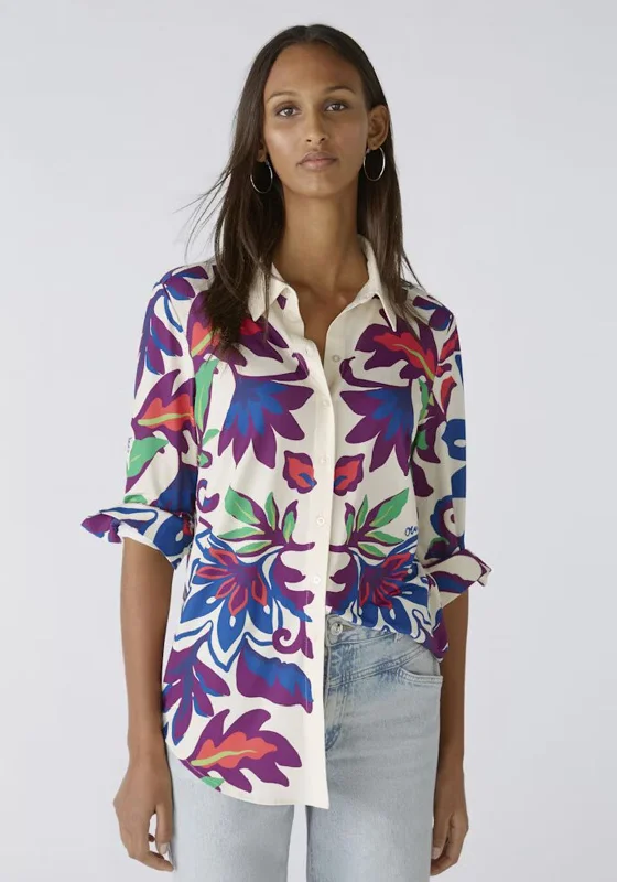 Oui Vibrant Floral Jersey Blouse, White Violet