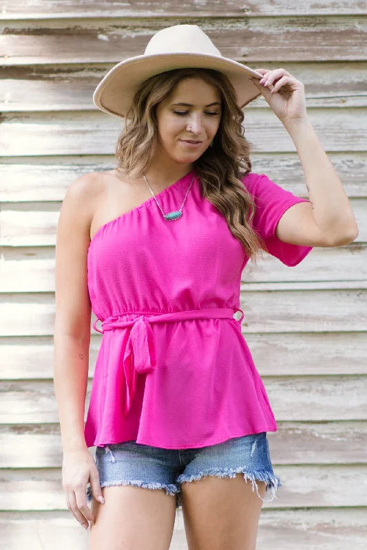 Hot Pink Elastic Waist One Shoulder Top