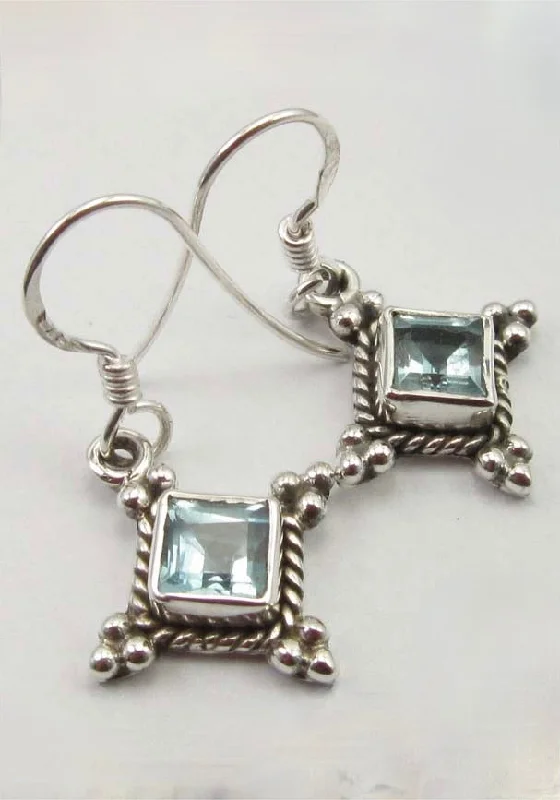 Solid Silver Blue Topaz Diamond shaped Drop Earrings