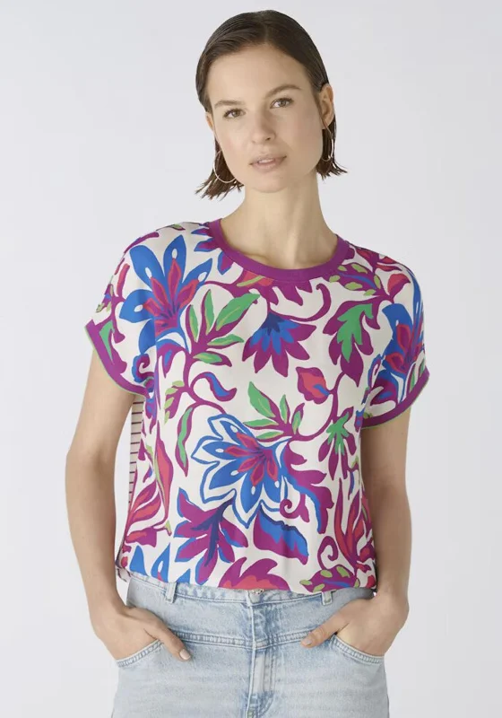 Oui Vibrant Floral Contrast Jersey Back Top, Violet Green