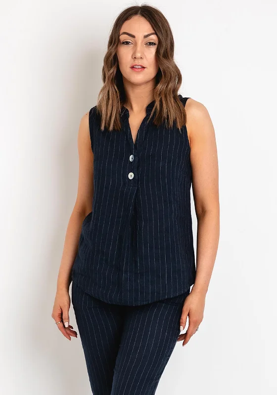 D.E.C.K By Decollage Pinstripe Linen Top, Navy