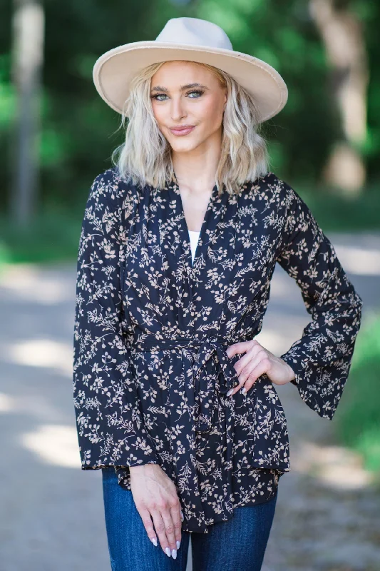 Black and Taupe Floral Tie Waist Long Blazer