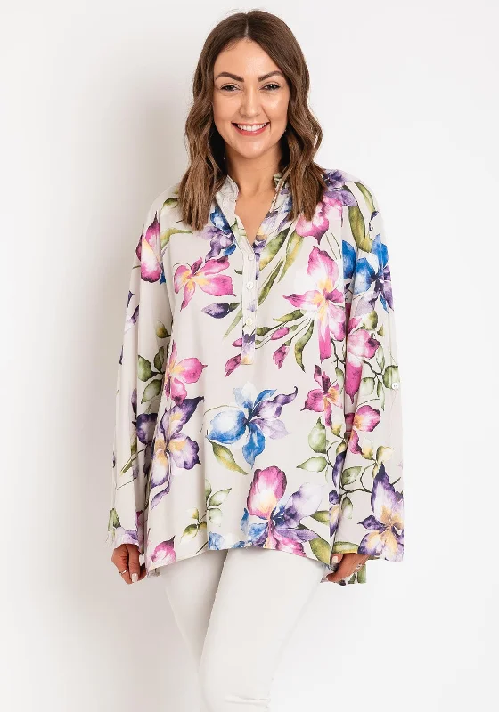 Serafina Collection One Size Floral Tunic Blouse, White Multi