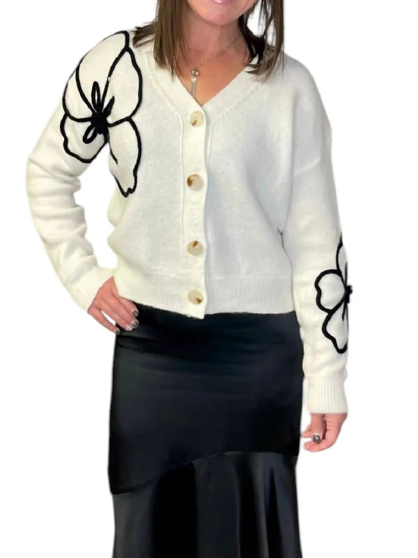 Act Now Black Floral Cardigan In Ivory