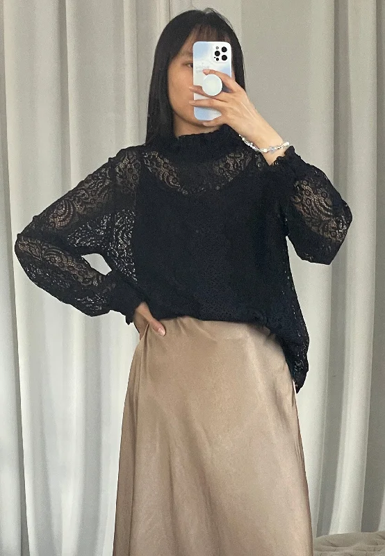 High Neck Long Sleeve Lace Blouse In Black