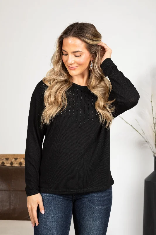 Black Long Sleeve Knit Top With Stones