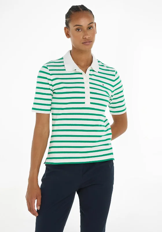 Tommy Hilfiger Womens 1985 Striped Polo Shirt, Breton Ecru & Olympic Green