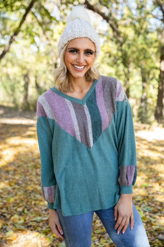 Emerald Green and Mauve Colorblock Chevron Top