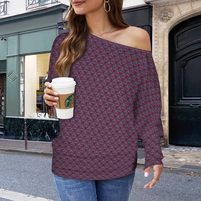 Casual Long Batwing Sleeve Off Shoulder Sweater Pullover Top Mauve Multi Geo